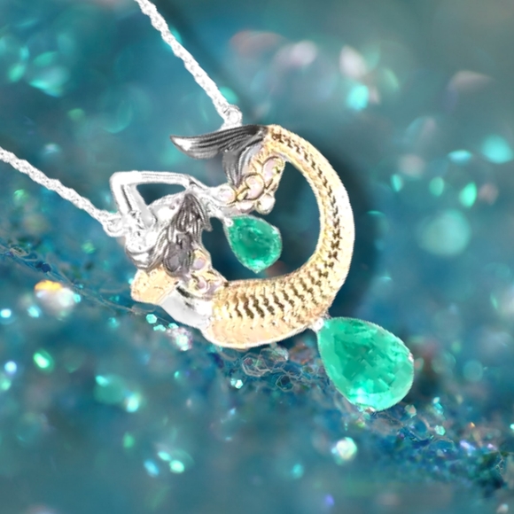 NWT ONE OF A KIND EMERALDINE QUARTZ MERMAID NECKLACE 14KYG OVER STERLING SILVER - Picture 5 of 6
